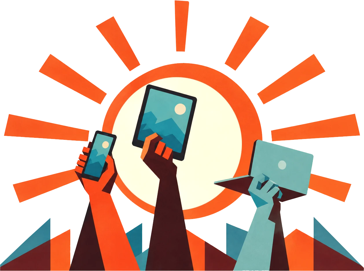 Illustration of three raised hands holding a phone, a tablet and a laptop in front of a rising sun.